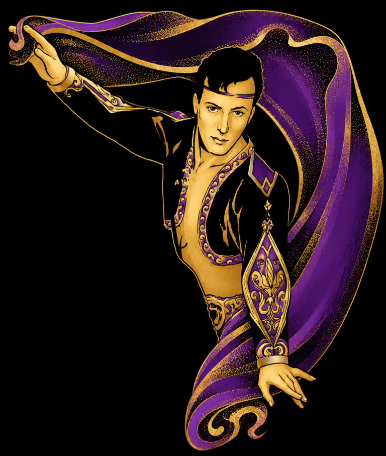 Zhor as Cartoon Character from the 1990's Original Sketch by Mark Fultz Zhor in a vibrant purple and gold costume, striking a dynamic pose.